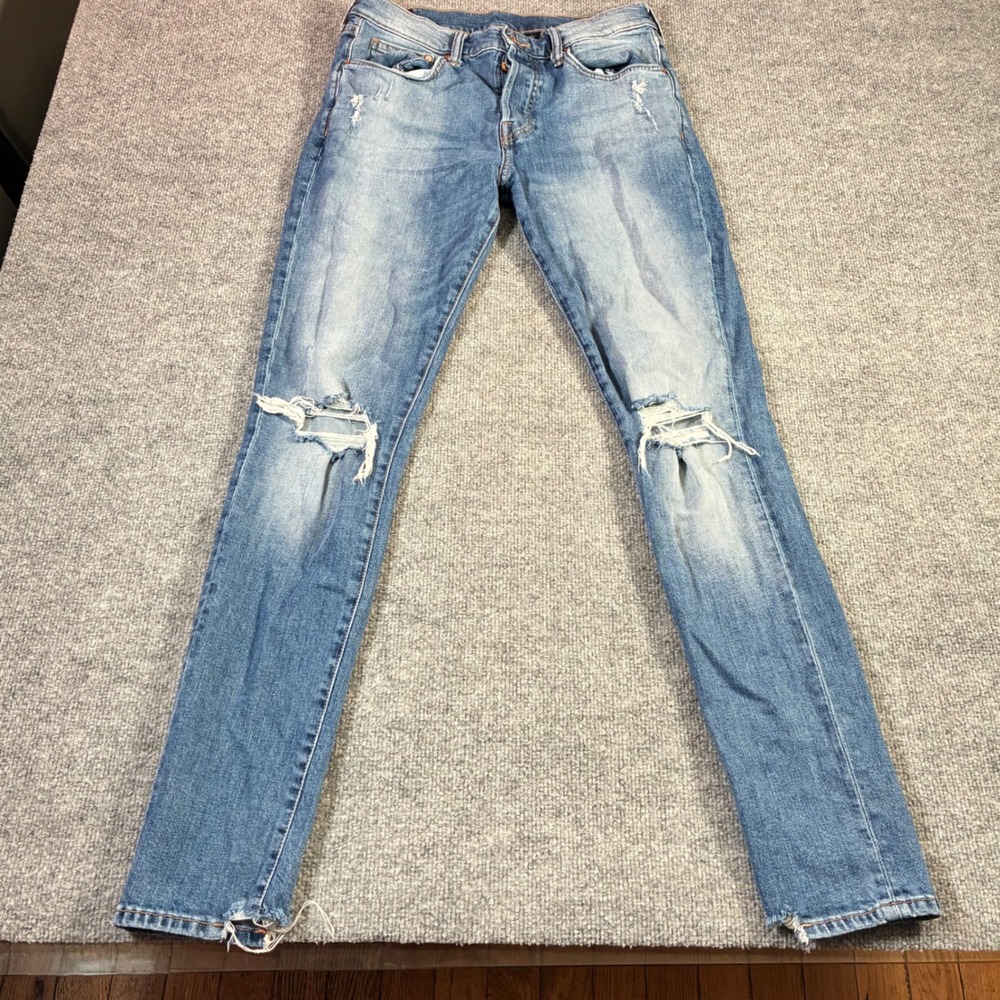 H&M Skinny Jeans Mens 33 Light Wash Blue Distressed Button Fly Denim